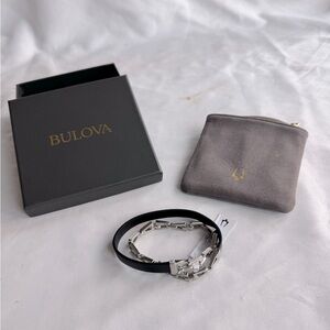 Bulova Men’s Classic Black Leather & Stainless Steel Wrap Bracelet Size 8 inch